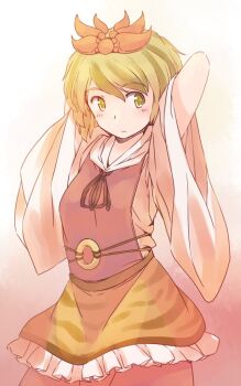 1girl animal_print arms_behind_head frills hair_ornament light_blush looking_to_the_side multicolored_hair rangycrow red_tabard short_hair simple_background solo streaked_hair tabard tiger_print toramaru_shou touhou undefined_fantastic_object upper_body warm_colored wide_sleeves
