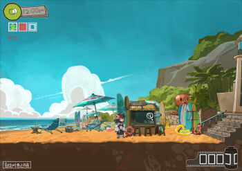 1girl animal_ears beach beach_umbrella blue_sky bone bra building cloud day detached_sleeves dinosaur_skull furry furry_female gameplay_mechanics grey_fur highres multicolored_fur original outdoors pants pink_fur plant rock sand scenery shoes sky solo stairs standing summer tiger_ears tiger_girl tree tuozhazi umbrella underwear water