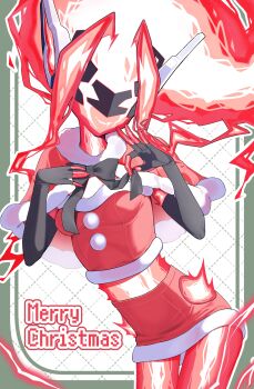 absurdres character_request christmas colored_skin commentary_request cowboy_shot duel_monster electricity enmo_takeshita eye_mask highres kisaragi_1go mask merry_christmas red_hair red_skin red_tube_top solo strapless tube_top white_background yu-gi-oh!