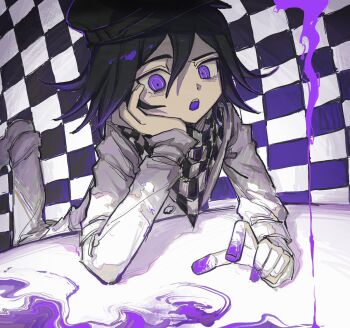 1boy bbbbbaasos black_hair black_hat blood blood_on_hands checkered_background checkered_clothes checkered_scarf danganronpa_(series) danganronpa_v3:_killing_harmony hair_between_eyes hat highres long_sleeves looking_at_viewer lying male_focus oma_kokichi on_stomach open_mouth purple_blood purple_eyes scarf simple_background solo straitjacket