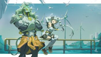 +++ 1boy 1girl ahoge arm_behind_head arm_up armpits artificial_eye banyue_(zenless_zone_zero) bare_shoulders bird black_hair black_shoes black_shorts braid braided_twintails china_dress chinese_clothes clothed_robot clothes_around_waist commentary crossed_arms detached_sleeves dialyn_(zenless_zone_zero) double_bun dress english_commentary grey_hair grey_tail hair_bun highres humanoid_robot kleo_iv long_hair looking_at_animal looking_up mechanical_eye mechanical_hands mechanical_tail metal_skin multicolored_hair necktie notice_lines ocean on_railing open_mouth outdoors railing robot robot_boy ship shoes shorts sitting split-color_hair tail thighhighs watercraft white_bird white_dress white_hair white_thighhighs yellow_eyes yellow_necktie zenless_zone_zero