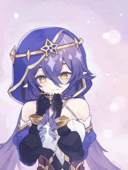 1girl bare_shoulders black_gloves blue_hair blue_hood blue_sleeves bracelet circlet detached_sleeves genshin_impact gloves highres hood hood_up hoto_rina jewelry layla_(genshin_impact) long_hair looking_at_viewer pointy_ears solo upper_body yellow_eyes