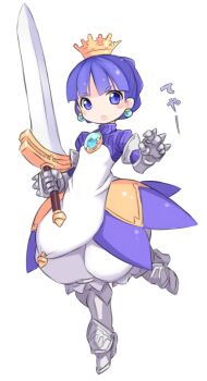 1girl armor blue_eyes blue_hair crown dress earrings female_focus full_body gauntlets gold_crown gradriel greaves holding holding_sword holding_weapon jewelry karukan_(monjya) knight princess_crown revision short_hair simple_background solo sword turtleneck weapon white_background