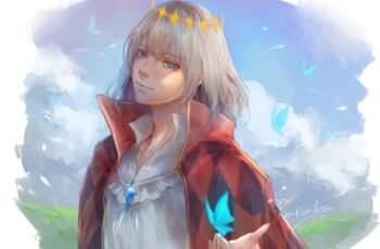 1boy absurdres blue_butterfly blue_eyes bug butterfly cape closed_mouth commentary cosplay english_commentary fate/grand_order fate_(series) grey_hair highres howl_(howl_no_ugoku_shiro)_(cosplay) howl_no_ugoku_shiro howl_pendragon insect jewelry looking_at_viewer male_focus necklace oberon_(fate) red_cape renrenka_noi shirt short_hair signature solo white_shirt