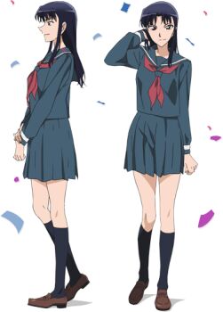 1girl anime_coloring arm_at_side black_socks blue_hair blue_sailor_collar blue_shirt blue_skirt brown_shoes closed_mouth confetti full_body hand_in_own_hair kneehighs koizumi_akako loafers long_hair long_sleeves looking_at_viewer magic_kaito miniskirt multiple_views neckerchief official_art pleated_skirt red_eyes red_neckerchief sailor_collar school_uniform serafuku shirt shoes skirt smile socks standing tachi-e transparent_background v_arms