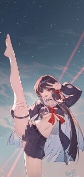1girl absurdres arm_up barefoot black_choker black_hair black_jacket black_skirt breasts chahu_pao chisa_(wuthering_waves) choker collarbone commentary hair_ribbon highres jacket large_breasts long_hair long_sleeves looking_at_viewer navel neckerchief open_mouth outdoors red_eyes red_neckerchief red_ribbon ribbon sailor_collar skirt smile solo split standing standing_on_one_leg standing_split stomach thigh_strap thighs underboob v white_sailor_collar wuthering_waves