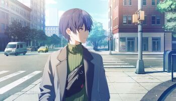 1boy aoyagi_touya blue_hair building car city closed_mouth colorful_palette crossbody_bag crosswalk door game_cg green_sweater grey_eyes highres lapels layered_clothes long_sleeves looking_to_the_side male_focus motor_vehicle multicolored_hair notched_lapels official_art outdoors project_sekai short_hair solo sweater third-party_source time_to_take_off!_(project_sekai) tree turtleneck turtleneck_sweater two-tone_hair upper_body yellow_car