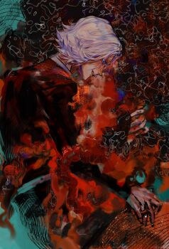 1boy aotsuki_eito black_jacket chinese_commentary commentary_request eyeliner from_side glasses grey_hair grin highres hug jacket jiangxing427 last_defense_academy_school_uniform looking_at_another makeup male_focus purple_eyes red_eyeliner school_uniform short_hair smile surreal the_hundred_line_-last_defense_academy-