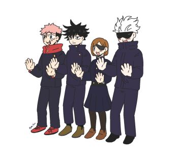 1girl 3boys animated animated_gif artist_name black_hair blue_jacket blue_pants blue_skirt blush brown_footwear brown_hair commentary crossover dancing english_commentary eyepatch full_body fushiguro_megumi gojou_satoru high_collar itadori_yuuji jacket jujutsu_kaisen jujutsu_tech_uniform kugisaki_nobara kyou_(luo_xingjie) lethal_company long_sleeves looking_ahead looping_animation multiple_boys open_mouth pants pink_hair red_footwear scar short_hair simple_background skirt spiked_hair spoilers white_background white_hair