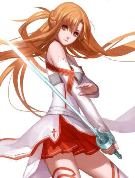 Rule 34 | 1girl, ask (askzy), asuna (sao), braid, brown eyes, brown hair, closed mouth, half up braid, holding, holding sword, holding weapon, long hair, red skirt, skirt, standing, sword, sword art online, weapon, white background