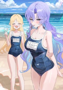 2girls :d :p absurdres arms_behind_back bare_legs bare_shoulders blonde_hair blue_eyes blue_hair blue_sky blush blush_stickers breasts cantarella_(wuthering_waves) cartethyia_(wuthering_waves) check_translation cleavage closed_eyes collarbone colored_inner_hair commentary covered_navel day earrings facial_mark hair_between_eyes highres holding_own_arm jewelry large_breasts legs long_hair looking_at_viewer mark_under_eye multicolored_hair multiple_girls ocean open_mouth outdoors parted_bangs purple_hair school_swimsuit shore sky smile sonchi swimsuit symbol-only_commentary tacet_mark_(wuthering_waves) thighs tongue tongue_out translation_request v very_long_hair wuthering_waves