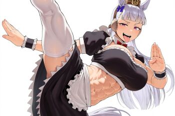 1girl abs ai-generated animal_ears blunt_bangs bow breasts dress gold_ship_(umamusume) grey_hair hat highres horse_ears horse_girl horse_tail long_hair looking_at_viewer maid purple_eyes smile solo sweat tail tongue tongue_out ueponzu umamusume