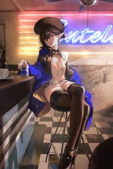 1girl absurdres arknights bar_(place) black_boots black_hair blue_jacket boots chair closed_mouth collared_dress commentary cross crossed_legs cup dress earrings entelechia_(arknights) entelechia_(dazzling_blue)_(arknights) flower_earrings full_body gandy_(gan3e46) gem highres indoors jacket jewelry looking_at_viewer making-of_available medium_hair mole mole_under_eye official_alternate_costume on_chair one_eye_closed pointy_ears red_eyes single_off_shoulder sitting solo thigh_boots vampire white_dress wide_brim