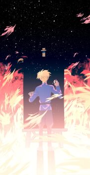 Rule 34 | 1boy, belt, black belt, black pants, blonde hair, blue jacket, chi.: chikyuu no undou ni tsuite, easel, facing away, fiery background, fire, full body, highres, holding, holding paint palette, holding paintbrush, jacket, k morghania, male focus, paint palette, paintbrush, painting (action), pants, rafal (chi.), short hair, sky, solo, standing, star (sky), starry sky