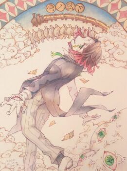 1boy 2020 ankle_socks asymmetrical_bangs black_hair black_jacket black_socks blue_nails bone buttons cloud colored_tips commentary_request dated demon_boy dual_persona enmu_(kimetsu_no_yaiba) facial_mark fangs feet_out_of_frame finger_tattoo flesh green_eyes grey_pants head_back jacket kanji_tattoo kanna_nijiniji kimetsu_no_yaiba long_sleeves male_focus medium_hair misplaced_mouth monster multi-source_commentary multicolored_hair open_mouth outstretched_arms pants pinstripe_pants pinstripe_pattern profile ribbed_socks shoes smile socks solo spine suit_jacket sway_back symbol-shaped_pupils tattoo tears_facial_mark teeth ticket too_many_eyes traditional_media train trap undershirt upper_teeth_only veins veiny_eyes veiny_face walking white_shoes