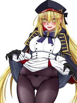 Rule 34 | 1girl, @ @, artoria caster (fate), artoria caster (second ascension) (fate), artoria pendragon (fate), black panties, blonde hair, blue hat, blush, breasts, cape, clothes lift, commentary request, fate/grand order, fate (series), hat, highres, large breasts, long hair, looking at viewer, mcpc zamurai, open mouth, panties, partial commentary, shirt, skirt, skirt lift, solo, twintails, underwear, white shirt
