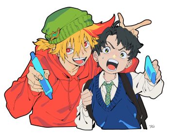 Rule 34 | 2boys, arm up, backpack, bag, beanie, black hair, blonde hair, blue sweater vest, brown eyes, collared shirt, commentary, cropped torso, drawstring, english commentary, gobogobogobou11, green hat, hat, highres, holding, holding marker, hood, hood down, hoodie, long sleeves, looking at viewer, male focus, marker, medium hair, multicolored hair, multicolored necktie, multiple boys, necktie, open mouth, original, pointing, red eyes, red hair, red hoodie, shirt, short hair, simple background, smile, sweater vest, teeth, tongue, v-shaped eyebrows, white background, white shirt, wide-eyed, wing collar