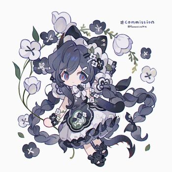 1girl ball_hands black_dress black_gloves black_hair black_shoes blue_eyes braid chibi chibi_only closed_mouth commission demon_tail dress elbow_gloves flower frilled_dress frills full_body gloves hair_ornament hairclip highres kanae_(cookie) long_hair looking_at_viewer original parallel_hairclips red_pupils shoes simple_background single_elbow_glove sleeveless sleeveless_dress smile solo standing tail twin_braids twitter_username white_background white_flower