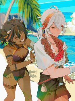 1boy 1girl absurdres ahoge alternate_costume astroprinceps bandaged_arm bandages bare_shoulders beach black_shorts blue_sky breasts brown_hair cleavage clenched_teeth close-up closed_eyes closed_mouth cloud cloudy_sky collarbone commentary couple crop_top dark-skinned_female dark_skin detached_collar double_bun english_commentary eyeliner flat_chest friends genshin_impact hair_between_eyes hair_bun hair_ornament hairband happy highres huge_ahoge jewelry kaedehara_kazuha light_blush looking_to_the_side low_ponytail makeup multicolored_hair ocean outdoors palm_tree ponytail red_eyeliner red_eyes sand shade shirt short_sleeves shorts sky smile spiked_hairband spikes standing streaked_hair sunlight swimsuit teeth thighlet thighs tree walking white_hair white_shirt wide_sleeves xinyan_(genshin_impact)