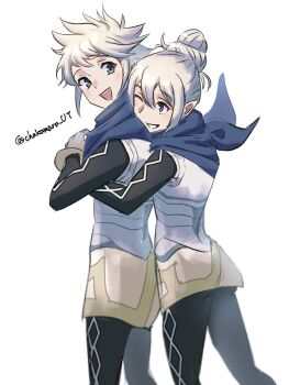 1boy 1girl :d ass bandana bandana_around_neck black_leggings blue_bandana chakamaru_ut female_kana_(fire_emblem) fire_emblem fire_emblem_fates grey_eyes grin highres hug leggings male_kana_(fire_emblem) nintendo one_eye_closed open_mouth pantyhose pointy_ears smile white_hair