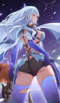 1boy 1girl ass black_shorts breasts commentary dress from_behind genshin_impact gloves highres long_hair medium_breasts orange_hair purple_eyes purple_gloves short_hair shorts skirk_(genshin_impact) snowing tartaglia_(genshin_impact) thighhighs very_long_hair white_dress white_hair white_thighhighs zuikillme