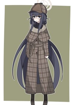 Rule 34 | 1girl, absurdres, black hair, blue archive, boots, breasts, brown boots, brown halo, commentary request, detective, entitydanyo, glasses, hair between eyes, hairband, halo, highres, long hair, purple eyes, purple hairband, round eyewear, small breasts, solo, ui (blue archive)