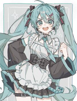 1girl ahoge apron aqua_eyes aqua_hair aqua_necktie belt black_bow black_skirt black_sleeves bow choker clenched_hand commentary_request cowboy_shot detached_sleeves frilled_apron frills hair_bow hair_intakes hand_on_own_hip hand_up hatsune_miku headset highres long_hair looking_at_viewer necktie pleated_skirt sanye_mitsuyo see-through_clothes see-through_sleeves skirt smile solo sparkle teeth thigh_strap tie_clip upper_teeth_only very_long_hair vocaloid white_apron wing_collar