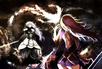 Rule 34 | 1boy, 1girl, absurdres, arc system works, armor, ass, bare shoulders, blazblue, detached sleeves, dress, from behind, hakumen, highres, konoe a. mercury, kyuu (plastic night q), long hair, phantom (blazblue), pink hair, short dress, sword, very long hair, weapon, white hair