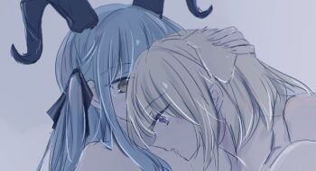 2girls 55ddee animal_ears arknights bang_dream! bang_dream!_it&#039;s_mygo!!!!! black_ribbon blonde_hair blue_hair blush dog_ears hair_ribbon horns licking licking_breast long_hair medium_hair misumi_uika multiple_girls purple_background purple_eyes ribbon togawa_sakiko two_side_up yuri