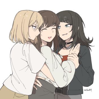 3girls bang_dream! bang_dream!_it&#039;s_mygo!!!!! belt black_choker black_hair black_jacket blonde_hair blue_eyes blush brown_hair chinese_commentary choker closed_eyes closed_mouth commentary_request girl_sandwich grey_skirt guagua977 hand_on_another&#039;s_waist highres holding_another&#039;s_wrist jacket long_hair misumi_uika multiple_girls open_mouth purple_eyes red_shirt sandwiched shirt simple_background skirt smile sumita_mana sweat white_background white_shirt yahata_umiri yuri