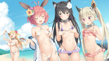 4girls animal_ears antenna_hair beach bikini black_horns blonde_hair blue_sky blush breast_envy breast_hold breasts closed_eyes closed_mouth cloud collar day eating elf flower food frilled_bikini frills green_eyes hair_flower hair_ornament highres holding holding_plate horn_flower horns isekai_maou_to_shoukan_shoujo_no_dorei_majutsu kani_biimu krebskulm large_breasts loli long_hair lowleg lowleg_bikini metal_collar micro_bikini multiple_girls navel ocean open_mouth outdoors pink_bikini pink_hair plate pointy_ears print_bikini purple_bikini rabbit_ears red_eyes rem_galleu shell shera_l._greenwood short_hair side-tie_bikini_bottom sky small_breasts standing stomach swimsuit sylvie_(isekai_maou) twintails water wavy_mouth white_bikini