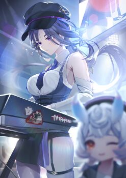 Rule 34 | 2girls, absurdres, bare shoulders, black hair, blue hair, blurry, blurry foreground, breasts, clorinde (galaxy store) (genshin impact), clorinde (genshin impact), closed mouth, cowboy shot, detached sleeves, earrings, floating hair, genshin impact, highres, instrument, jelmul, jewelry, keyboard (instrument), large breasts, light smile, long hair, looking down, multiple girls, music, necktie, official alternate costume, one eye closed, open mouth, playing instrument, ponytail, purple eyes, purple hair, purple necktie, red eyes, shirt, sigewinne (galaxy store) (genshin impact), sigewinne (genshin impact), sleeveless, sleeveless shirt, solo focus, stage lights, very long hair, white shirt