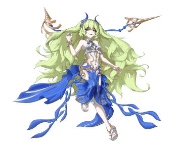 1girl :d absurdres breasts earrings flip-flops full_body green_eyes green_hair highres honkai_(series) honkai_impact_3rd jewelry long_hair looking_at_viewer medium_breasts mobius_(daughter_of_corals)_(honkai_impact) mobius_(honkai_impact) open_mouth rkdgks145 sandals simple_background single_earring smile solo swimsuit toes very_long_hair wavy_hair white_background