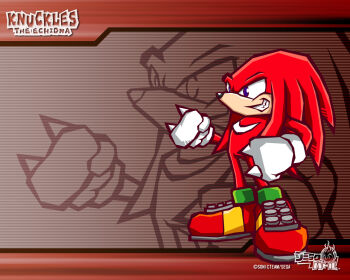 animal_nose blue_eyes body_fur character_name clenched_hands clenched_teeth company_name copyright_logo copyright_name green_shoes knuckles_the_echidna lineart logo multicolored_shoes official_art official_wallpaper red_fur red_shoes shoes sonic_(series) sonic_battle teeth yellow_shoes zoom_layer