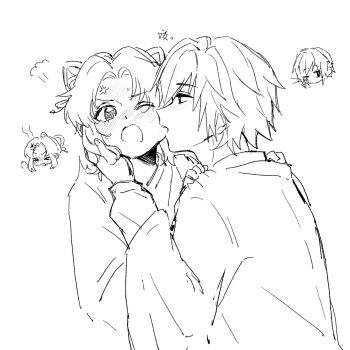 Rule 34 | > <, 1boy, 1girl, anger vein, berry7522082130, biting, biting cheek, blush, chibi, chibi inset, commentary request, flustered, greyscale, hand on another's face, hands on another's shoulders, hetero, highres, japanese clothes, kimetsu no yaiba, kimono, kochou shinobu, monochrome, official alternate hair length, official alternate hairstyle, one eye closed, open mouth, parted bangs, short hair, simple background, sketch, tomioka giyuu, upper body, white background