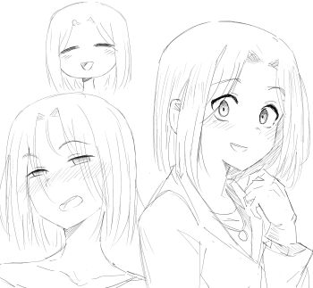 1girl absurdres bad_tag bob_cut chaos;head commission commissioner_upload dress gloves grin highres jacket jewelry looking_at_viewer monochrome multiple_views necklace nishijou_matriarch non-web_source optaku science_adventure serious shiny_eyes short_hair simple_background sketch smile solo