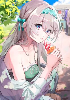4girls absurdres acheron_(honkai:_star_rail) alternate_costume bare_shoulders blue_eyes blue_pupils blue_sky bow breasts character_request cipher_(honkai:_star_rail) collarbone commentary day firefly_(honkai:_star_rail) food green_bow green_hairband hair_bow hairband highres holding holding_food holding_ice_cream honkai:_star_rail honkai_(series) ice_cream jacket looking_at_viewer medium_breasts multicolored_eyes multiple_girls off_shoulder outdoors purple_eyes see-through_clothes see-through_jacket sitting sky smile solo_focus tokonatsu_(epfm5277) two-tone_eyes