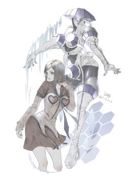 2girls amano_maya artemis_(persona_2) black_hair boots brown_skirt eyelashes hashtag-only_commentary heart heart_print highres long_hair multiple_girls persona persona_2 ryokuyuu simple_background skirt sleeves_past_wrists standing white_background white_footwear