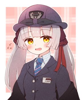 Rule 34 | 1girl, alternate costume, black hat, black jacket, blue necktie, blunt bangs, blunt ends, blush, border, brown hair, buttons, collared shirt, commentary request, diagonal-striped clothes, diagonal-striped necktie, flying sweatdrops, frapan pan, hair ribbon, hat, heaven burns red, hime cut, id card, jacket, long hair, looking at viewer, necktie, ogasawara hisame, open mouth, outline, outside border, pink background, plaid background, plaid clothes, plaid shirt, red pupils, red ribbon, ribbon, shirt, sidelocks, simple background, solo, straight hair, striped clothes, translated, twintails, upper body, white border, white outline, white shirt, yellow eyes