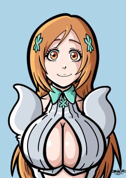 Rule 34 | 1girl, absurdres, bleach, bleach: sennen kessen-hen, blue background, breasts, brown eyes, cleavage, cleavage cutout, clothing cutout, damiansmtz, hair ornament, highres, inoue orihime, large breasts, long hair, looking at viewer, orange hair, simple background, smile, tagme, upper body
