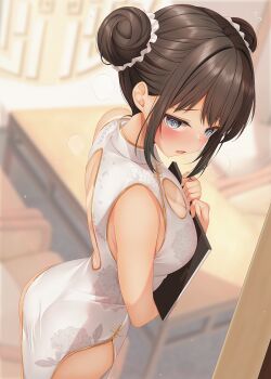 Rule 34 | 1girl, @ @, back cutout, bare shoulders, blue eyes, blush, breasts, brown hair, china dress, chinese clothes, cleavage, cleavage cutout, closed mouth, clothing cutout, commentary request, double bun, dress, floral print, floral print dress, from above, from side, gold trim, hair bun, hands up, highres, holding, holding menu, large variant set, looking at viewer, looking to the side, menu, minato ojitan, open mouth, original, pelvic curtain, print dress, sleeveless, sleeveless dress, solo, tan, tanline, variant set