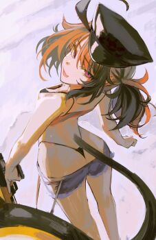 1girl ass bikini black_bikini black_hat blue_shorts breasts brown_hair denim denim_shorts gigi_murin gigi_murin_(holonatsu_paradise) hat holding holding_water_gun hololive hololive_english naokomama official_alternate_costume peaked_cap pink_eyes shorts small_breasts solo string_bikini swimsuit tail twintails virtual_youtuber water_gun