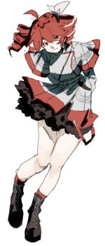 Rule 34 | 1girl, ahoge, arms behind back, belt, black belt, boots, breasts, brown boots, buttons, capelet, closed mouth, commentary, criss-cross straps, drill hair, floating clothes, frills, full body, hair between eyes, hair ribbon, highres, kasane teto, kasane teto (sv), long hair, long sleeves, looking at viewer, medium breasts, multicolored hair, red eyes, red hair, ribbon, ruda (ruda 0616 tfj), shirt, simple background, skirt, skirt set, smile, solo, standing, standing on one leg, streaked hair, striped clothes, striped shirt, striped skirt, synthesizer v, twin drills, untranslatable commentary, utau, white background, white capelet, white hair, white ribbon, white shirt, white skirt