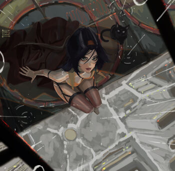 1girl artist_name black_cat black_hair breasts cat commentary cowboy_bebop english_commentary faye_valentine from_above green_eyes hairband highres looking_at_viewer looking_up outdoors paid_reward_available sitting tatti_art thighhighs