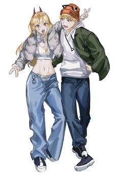 Rule 34 | 1boy, 1girl, arm around neck, arm around waist, beanie, black jacket, blonde hair, blue pants, breasts, calvin klein, chainsaw man, character hat, cleavage, coat, crop top, demon girl, demon horns, denji (chainsaw man), double v, full body, grey coat, gusamo, hair between eyes, hat, headphones, headphones around neck, highres, horns, jacket, long hair, medium breasts, midriff, navel, open fly, open mouth, orange hat, panties, pants, pochita (chainsaw man), power (chainsaw man), puffy coat, red eyes, red horns, shirt, shoes, short hair, sneakers, sweatpants, underwear, v, white background, white panties, white shirt