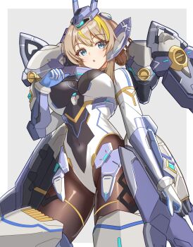 1girl :o absurdres armored_boots beta_(starward) black_leotard black_pantyhose blonde_hair boots breasts commentary_request covered_navel cowboy_shot hair_between_eyes headgear highres large_breasts leotard looking_at_viewer mecha_musume mechanical_wings multicolored_hair multicolored_leotard osunahanko pantyhose parted_lips sidelocks solo starward streaked_hair thrusters two-tone_hair two-tone_leotard white_leotard wings
