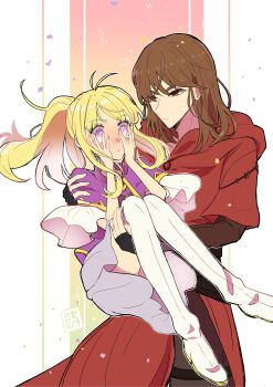 1boy 1girl absurdres antenna_hair blonde_hair blush boots brown_eyes brown_hair capelet carrying carrying_person clarine_(fire_emblem) closed_mouth coat commentary constricted_pupils covering_face fingerless_gloves fire_emblem fire_emblem:_the_binding_blade flying_teardrops gloves hetero highres hood hood_down hooded_coat layered_capelet long_hair nintendo ponytail princess_carry purple_capelet purple_eyes red_coat rutger_(fire_emblem) sidelocks skirt thigh_boots tuna_marusuke white_boots white_skirt