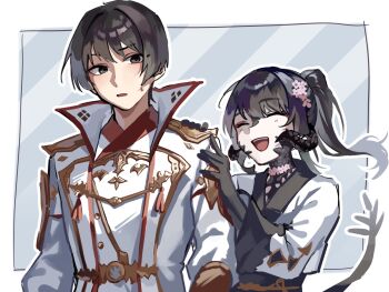 1boy 1other armor asahi_sas_brutus au_ra black_hair black_horns black_scales black_tail bowl_cut commission commissioner_upload dragon_horns final_fantasy final_fantasy_xiv flower gloves hair_flower hair_ornament high_ponytail highres horns hyur izumi_tol_amulius japanese_armor japanese_clothes kimono long_hair makeup open_mouth original ponytail scales short_hair simple_background skeb_commission smile suiso_sui tail warrior_of_light_(ff14) yukata