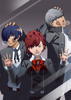 1girl 2boys against_glass blue_eyes blue_hair breasts cheek_squash club3 crossover grey_eyes grey_hair highres matching_hair/eyes multiple_boys narukami_yu nose open_mouth persona persona_3 persona_3_portable persona_4 ponytail red_eyes red_hair school_uniform shiomi_kotone short_hair small_breasts teeth tojikomete_mita yuuki_makoto_(persona_3)