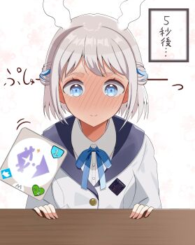 1girl blue_eyes blue_ribbon blush braid collared_shirt commentary_request crouching_start embarrassed full-face_blush gakuen_idolmaster grey_hair hair_ribbon hatsuboshi_gakuen_school_uniform head_steam highres idolmaster katsuragi_lilja neck_ribbon ribbon ribbon_braid school_uniform shirt short_hair smile solo straight-on translation_request upper_body white_shirt